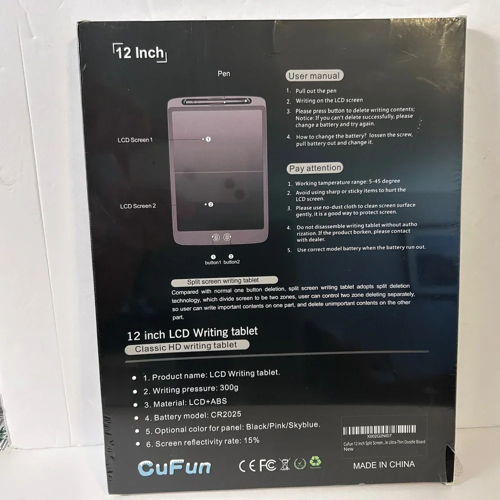 New CuFun 12 Inch Split Screen LCD Writing Tablet Electronic Doodle Board Black